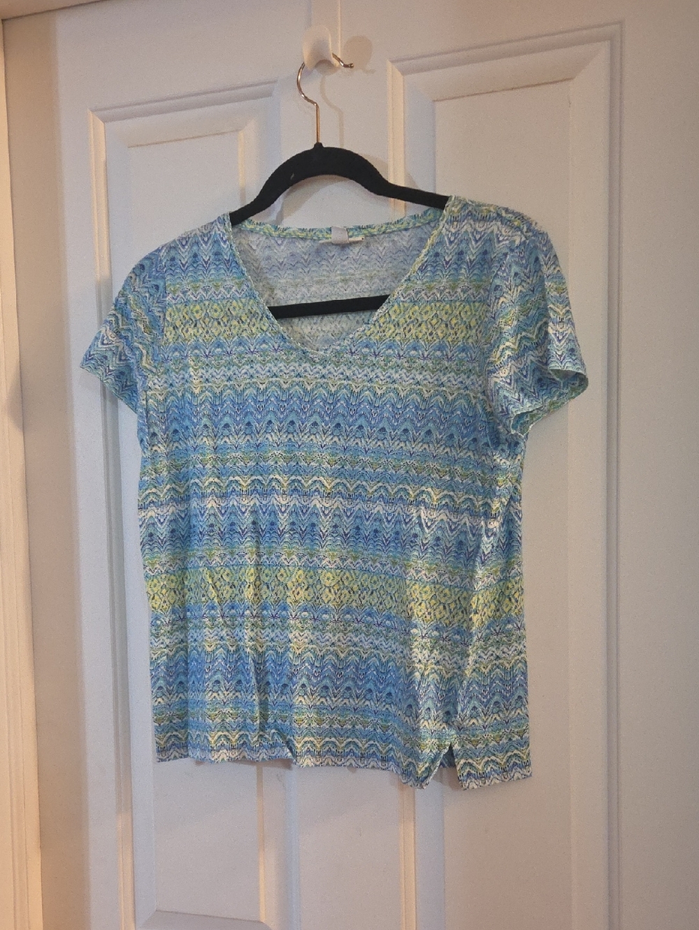 J Jill V-Neck Women's Linen Top in Blue & Green Small